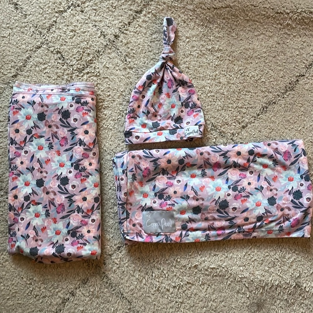 Copper Pearl swaddle, hat and carseat/breastfeeding  cover